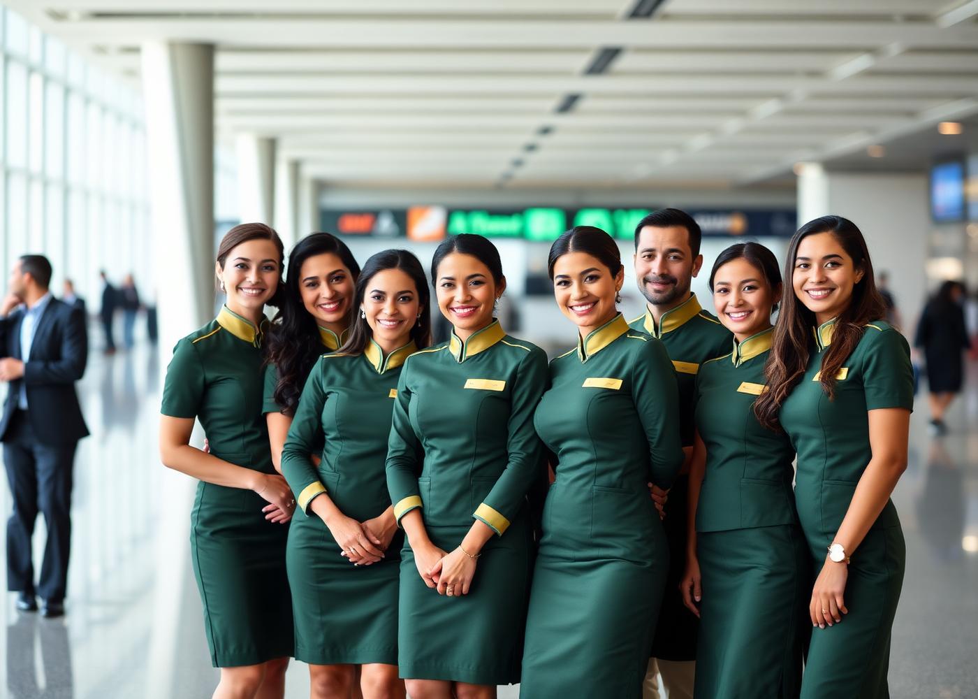 SugAirways cabin crew in green and gold uniforms at the terminal