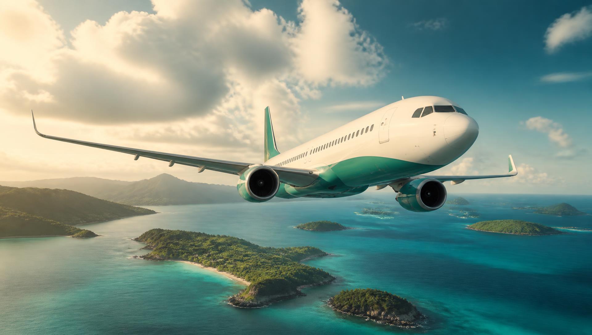Airbus A320-family aircraft in SugAirways green and gold livery flying over the Caribbean